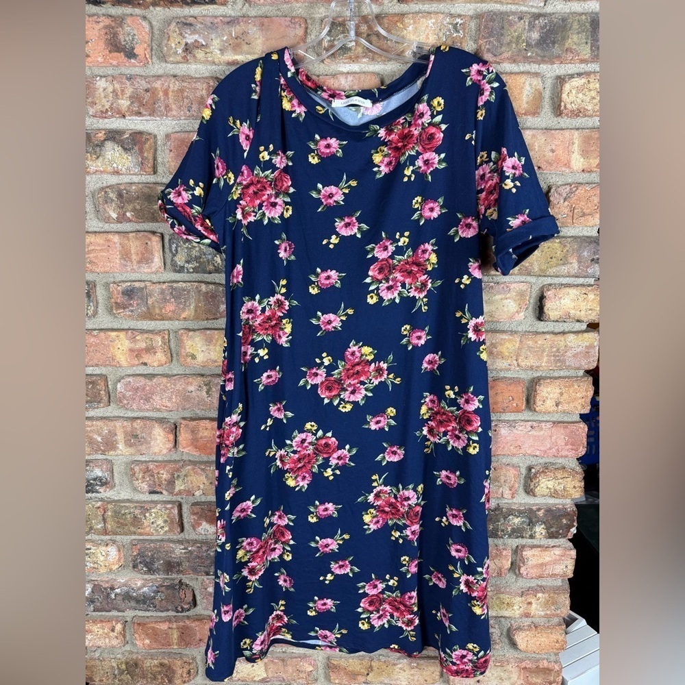 Lake Flower Women's Large Navy Floral Short Sleeve Dress with Pockets